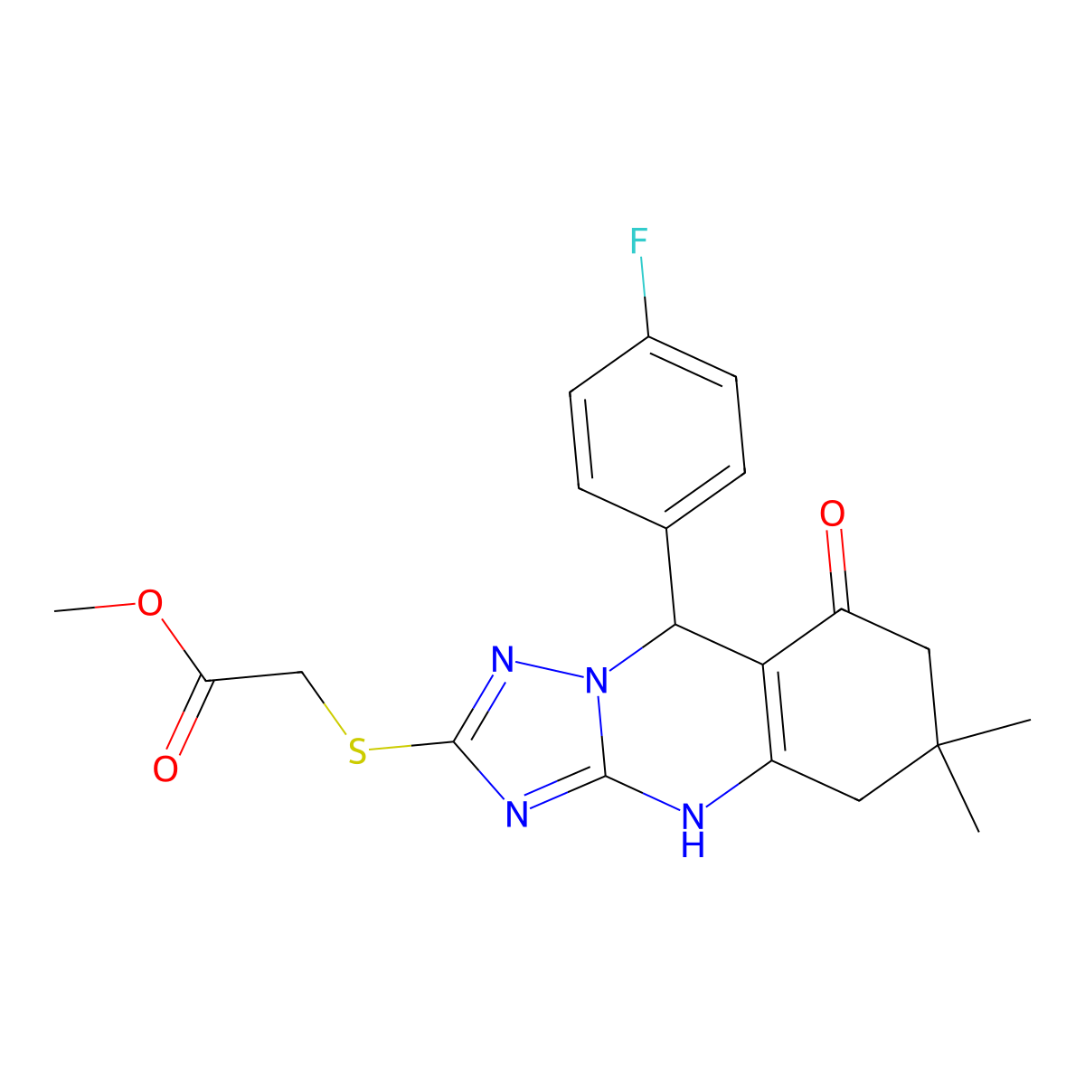 Methyl {[9-(4-fluorophenyl)-6,6-dimethyl-8-oxo-4,5,6,7,8,9-hexahydro[1,2,4]triazolo[5,1-b]quinazolin-2-yl]sulfanyl}acetate molecular structure, CAS 777867-03-5