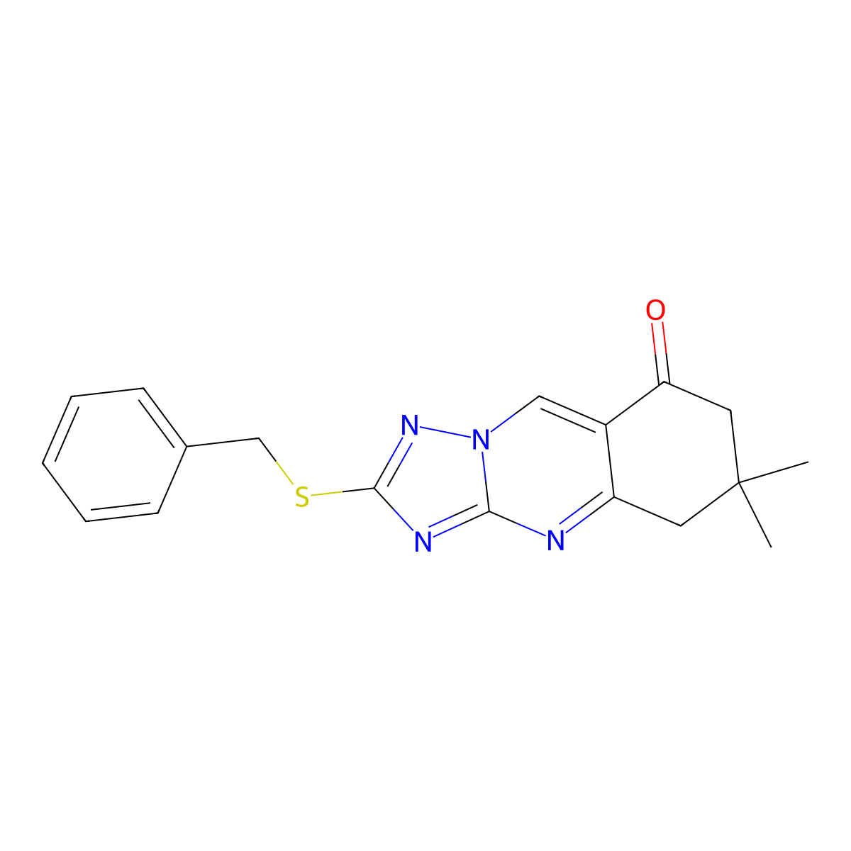 2-(benzylsulfanyl)-6,6-dimethyl-6,7-dihydro[1,2,4]triazolo[5,1-b]quinazolin-8(5H)-one molecular structure, CAS 777867-19-3