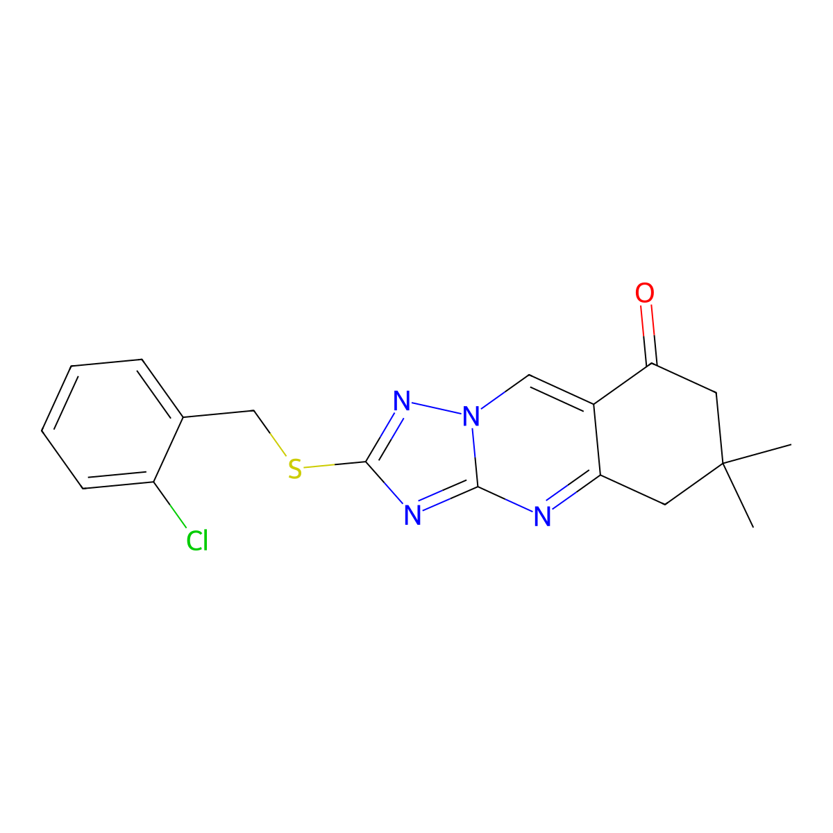 2-[(2-chlorobenzyl)sulfanyl]-6,6-dimethyl-6,7-dihydro[1,2,4]triazolo[5,1-b]quinazolin-8(5H)-one molecular structure, CAS 777867-21-7