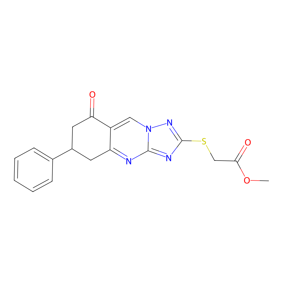 Methyl [(8-oxo-6-phenyl-5,6,7,8-tetrahydro[1,2,4]triazolo[5,1-b]quinazolin-2-yl)thio]acetate molecular structure, CAS 777867-35-3