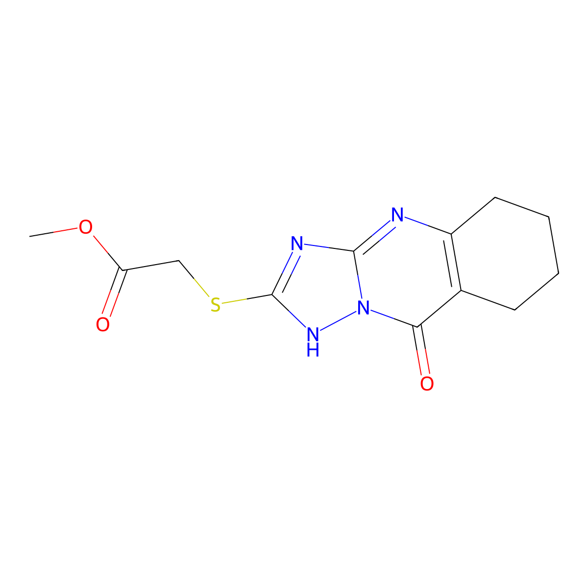 Methyl [(9-hydroxy-5,6,7,8-tetrahydro[1,2,4]triazolo[5,1-b]quinazolin-2-yl)sulfanyl]acetate molecular structure, CAS 777867-52-4