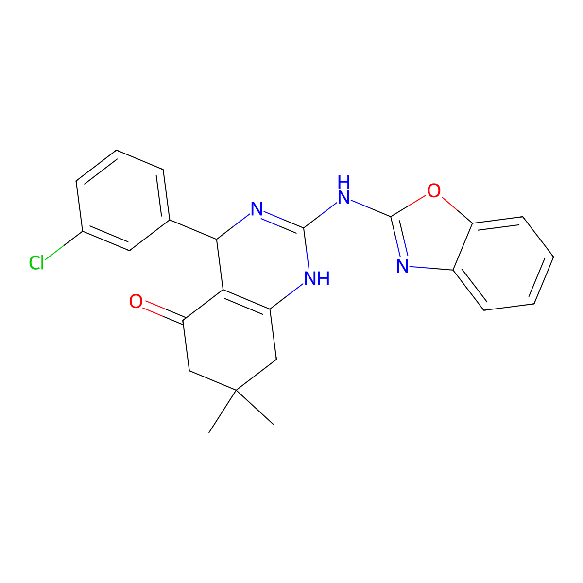 2-(1,3-benzoxazol-2-ylamino)-4-(3-chlorophenyl)-7,7-dimethyl-4,6,7,8-tetrahydroquinazolin-5(1H)-one molecular structure, CAS 777868-24-3