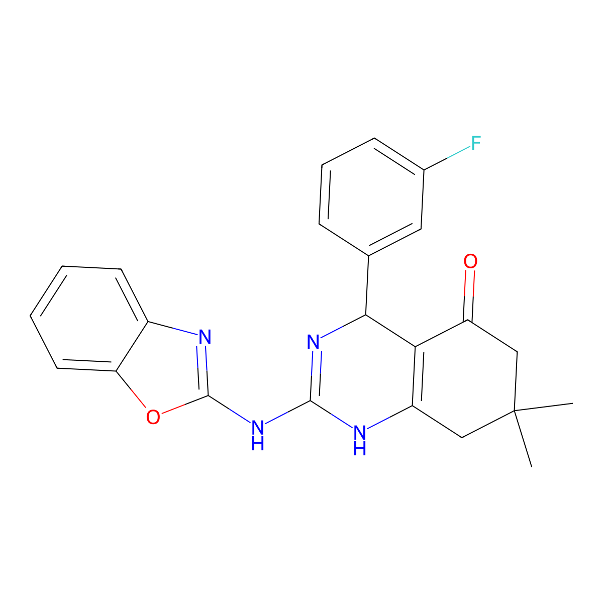 2-(1,3-Benzoxazol-2-ylamino)-4-(3-fluorophenyl)-7,7-dimethyl-4,6,7,8-tetrahydroquinazolin-5-ol molecular structure, CAS 777868-27-6