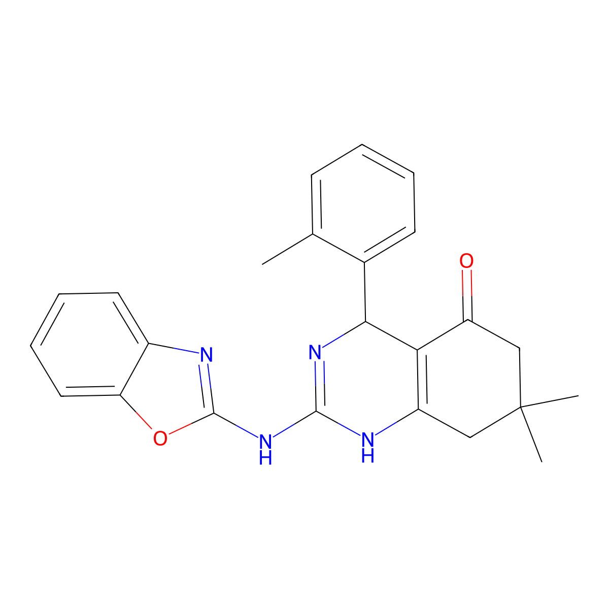 2-(1,3-benzoxazol-2-ylamino)-7,7-dimethyl-4-(2-methylphenyl)-4,6,7,8-tetrahydroquinazolin-5(1H)-one molecular structure, CAS 777868-29-8