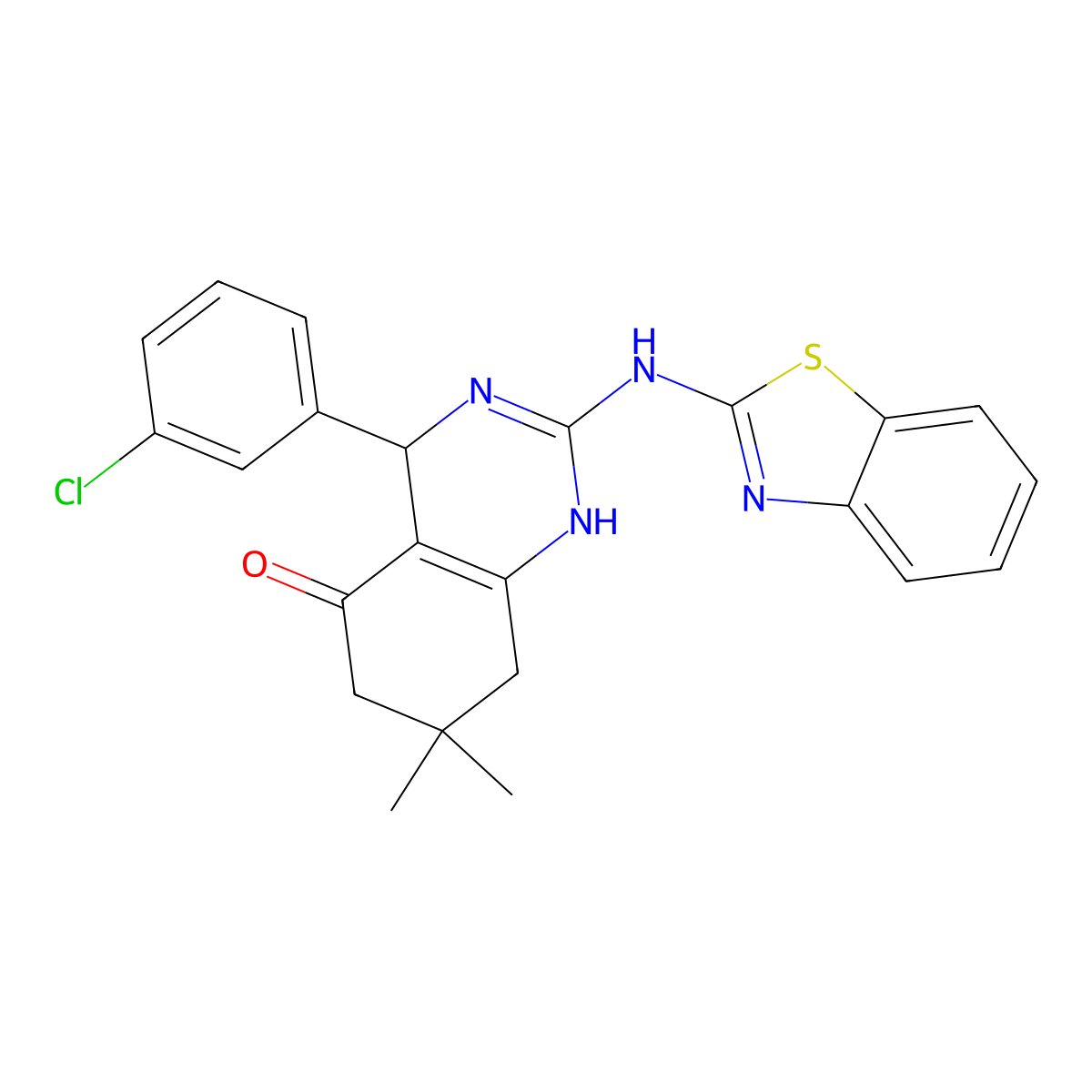 2-(1,3-benzothiazol-2-ylamino)-4-(3-chlorophenyl)-7,7-dimethyl-4,6,7,8-tetrahydroquinazolin-5(1H)-one molecular structure, CAS 777868-41-4