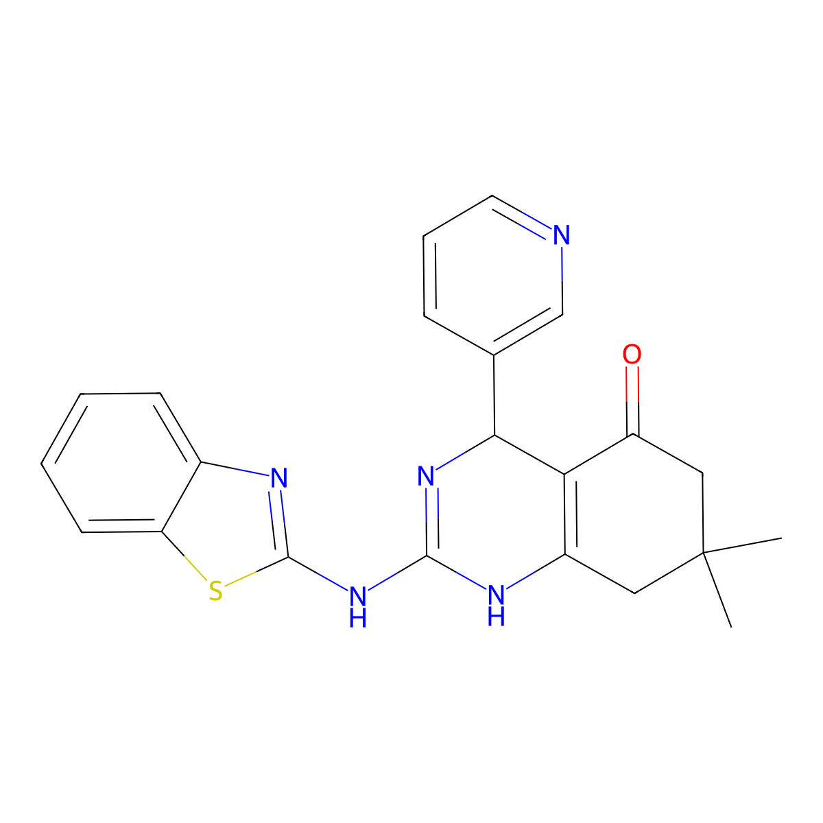 2-(1,3-benzothiazol-2-ylamino)-7,7-dimethyl-4-(pyridin-3-yl)-4,6,7,8-tetrahydroquinazolin-5(1H)-one molecular structure, CAS 777868-43-6