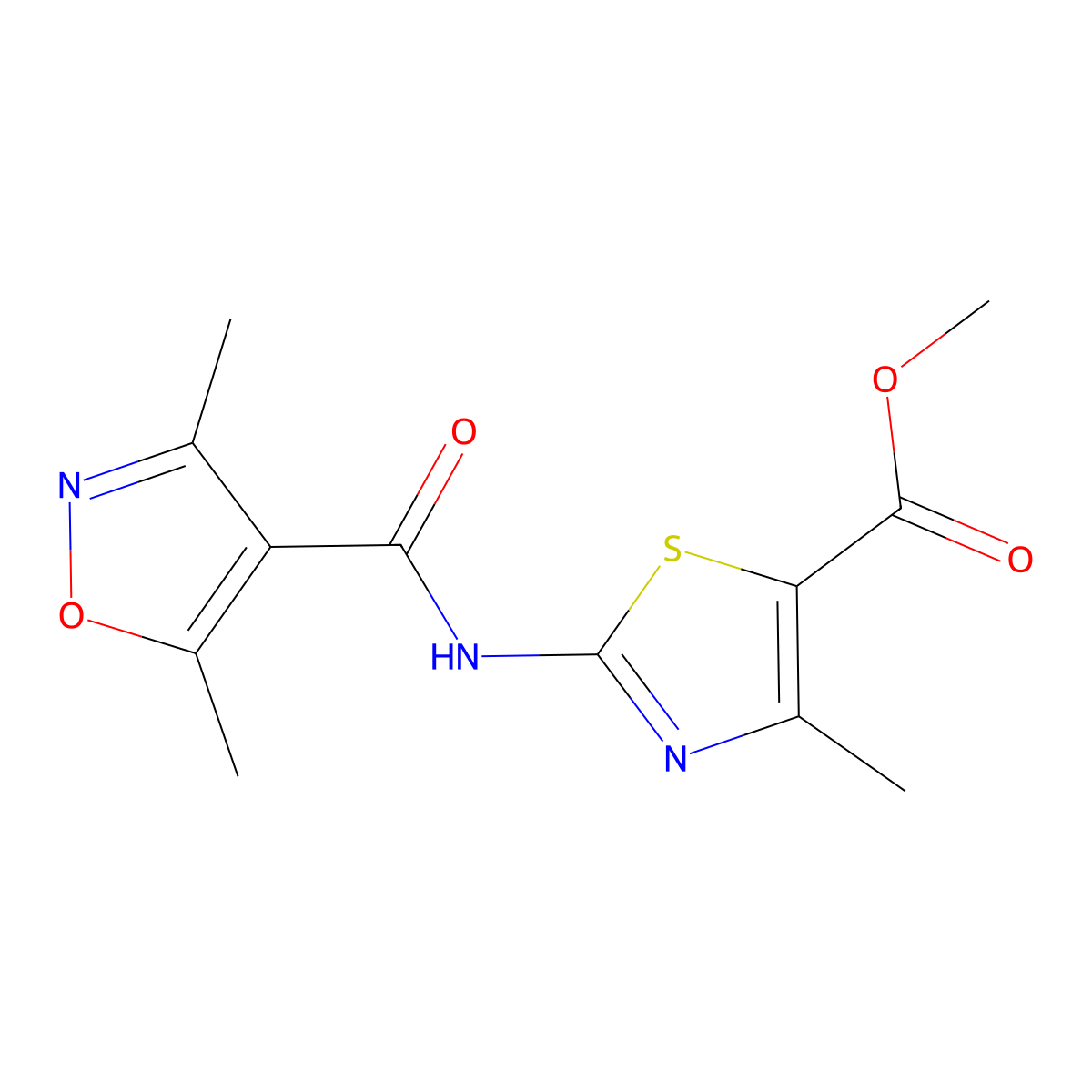 Methyl 2-{[(3,5-dimethyl-1,2-oxazol-4-yl)carbonyl]amino}-4-methyl-1,3-thiazole-5-carboxylate molecular structure, CAS 777868-49-2