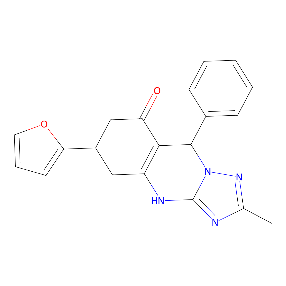 6-(furan-2-yl)-2-methyl-9-phenyl-5,6,7,9-tetrahydro[1,2,4]triazolo[5,1-b]quinazolin-8(4H)-one molecular structure, CAS 777868-54-9