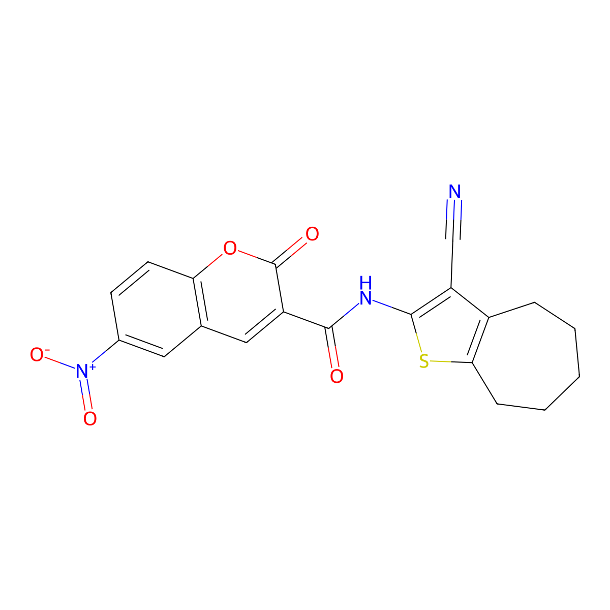 N-(3-cyano-5,6,7,8-tetrahydro-4H-cyclohepta[b]thiophen-2-yl)-6-nitro-2-oxochromene-3-carboxamide molecular structure, CAS 777868-55-0
