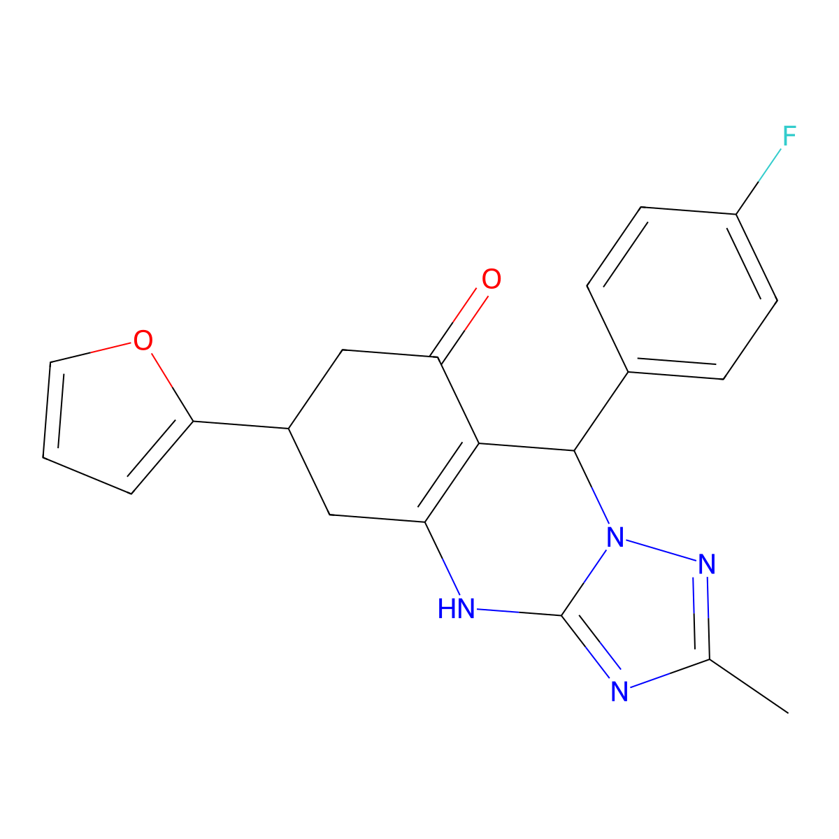 9-(4-fluorophenyl)-6-(furan-2-yl)-2-methyl-5,6,7,9-tetrahydro[1,2,4]triazolo[5,1-b]quinazolin-8(4H)-one molecular structure, CAS 777868-56-1