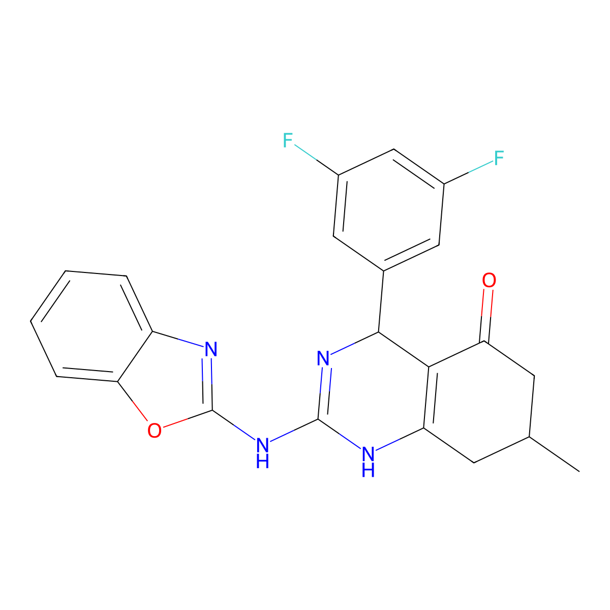 2-(1,3-benzoxazol-2-ylamino)-4-(3,5-difluorophenyl)-7-methyl-4,6,7,8-tetrahydroquinazolin-5(1H)-one molecular structure, CAS 777869-63-3