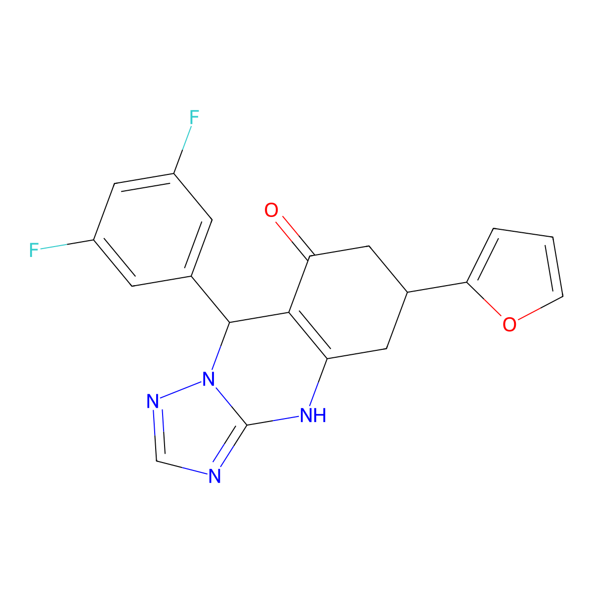 9-(3,5-difluorophenyl)-6-(2-furyl)-5,6,7,9-tetrahydro[1,2,4]triazolo[5,1-b]quinazolin-8(4H)-one molecular structure, CAS 777870-39-0