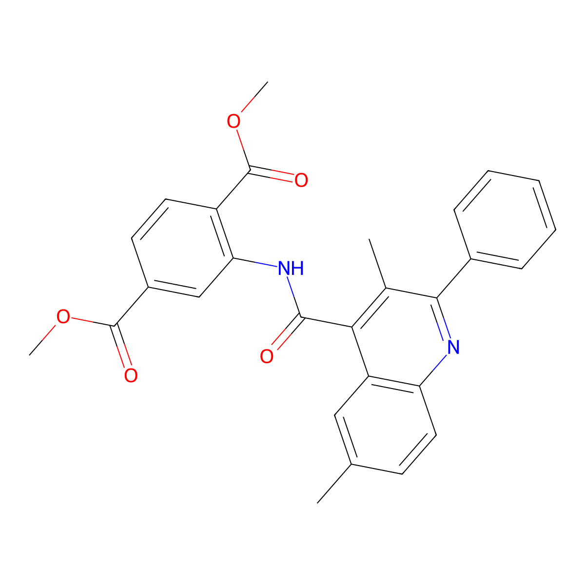 Dimethyl 2-{[(3,6-dimethyl-2-phenylquinolin-4-yl)carbonyl]amino}benzene-1,4-dicarboxylate molecular structure, CAS 777870-52-7