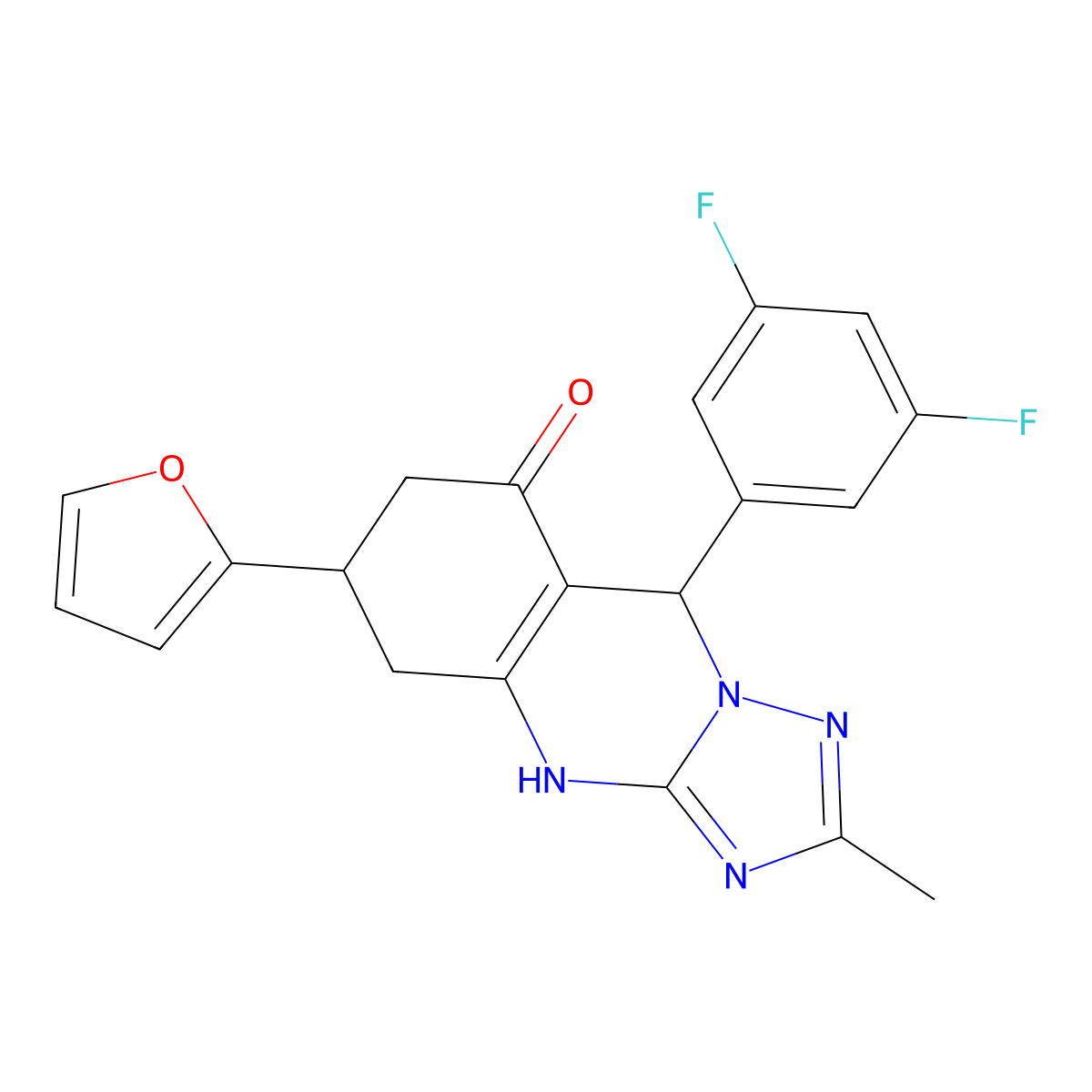 9-(3,5-difluorophenyl)-6-(furan-2-yl)-2-methyl-5,6,7,9-tetrahydro[1,2,4]triazolo[5,1-b]quinazolin-8(4H)-one molecular structure, CAS 777870-69-6