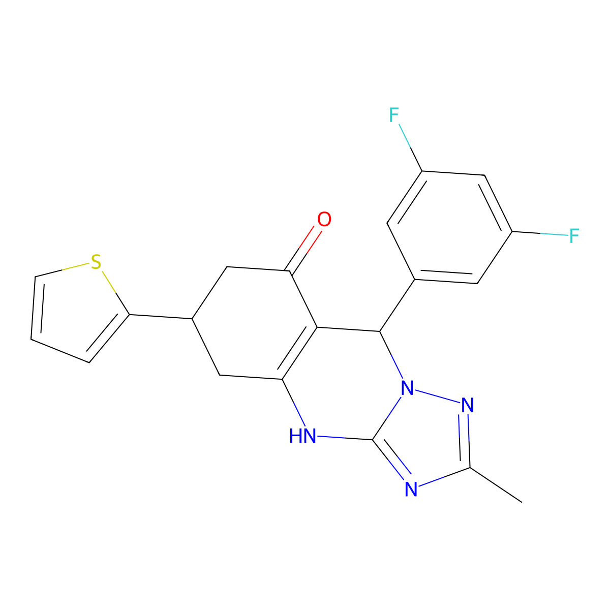 9-(3,5-difluorophenyl)-2-methyl-6-(thiophen-2-yl)-5,6,7,9-tetrahydro[1,2,4]triazolo[5,1-b]quinazolin-8(4H)-one molecular structure, CAS 777870-71-0