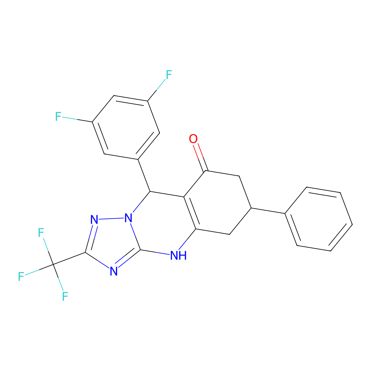 9-(3,5-difluorophenyl)-6-phenyl-2-(trifluoromethyl)-5,6,7,9-tetrahydro[1,2,4]triazolo[5,1-b]quinazolin-8(4H)-one molecular structure, CAS 777870-80-1