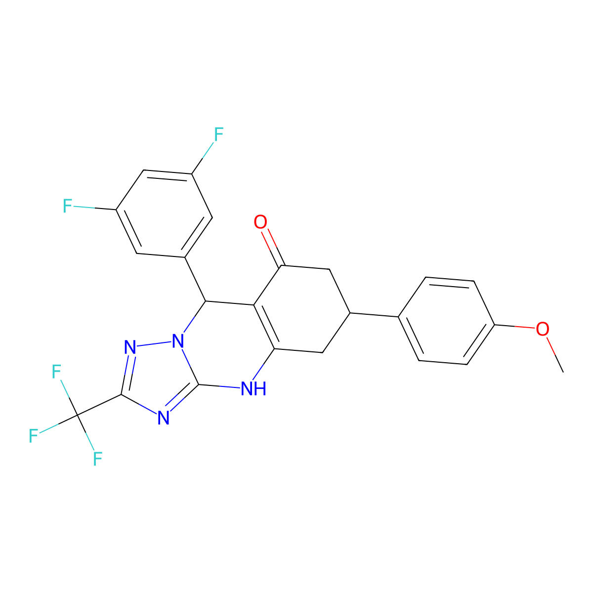 9-(3,5-difluorophenyl)-6-(4-methoxyphenyl)-2-(trifluoromethyl)-5,6,7,9-tetrahydro[1,2,4]triazolo[5,1-b]quinazolin-8(4H)-one molecular structure, CAS 777870-88-9