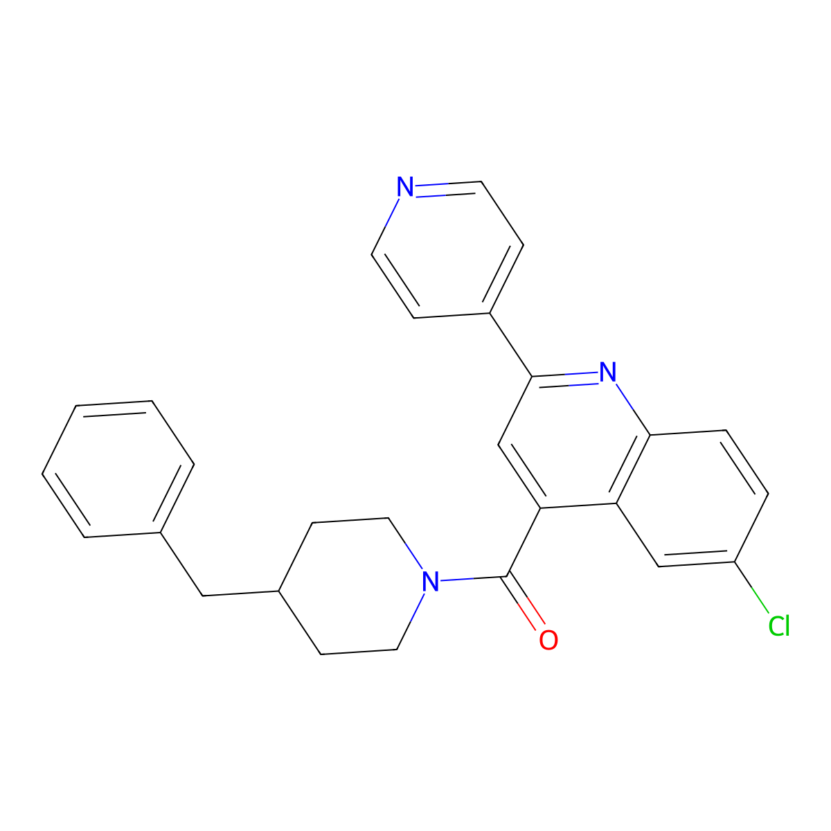(4-Benzylpiperidin-1-yl)-(6-chloro-2-pyridin-4-ylquinolin-4-yl)methanone molecular structure, CAS 777870-89-0