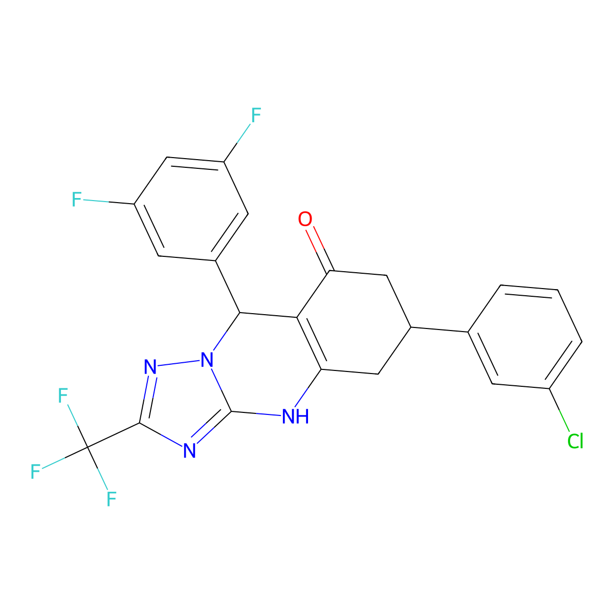 6-(3-chlorophenyl)-9-(3,5-difluorophenyl)-2-(trifluoromethyl)-5,6,7,9-tetrahydro[1,2,4]triazolo[5,1-b]quinazolin-8(4H)-one molecular structure, CAS 777870-94-7