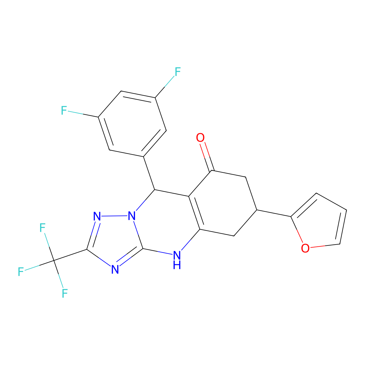 9-(3,5-difluorophenyl)-6-(furan-2-yl)-2-(trifluoromethyl)-5,6,7,9-tetrahydro[1,2,4]triazolo[5,1-b]quinazolin-8(4H)-one molecular structure, CAS 777871-00-8