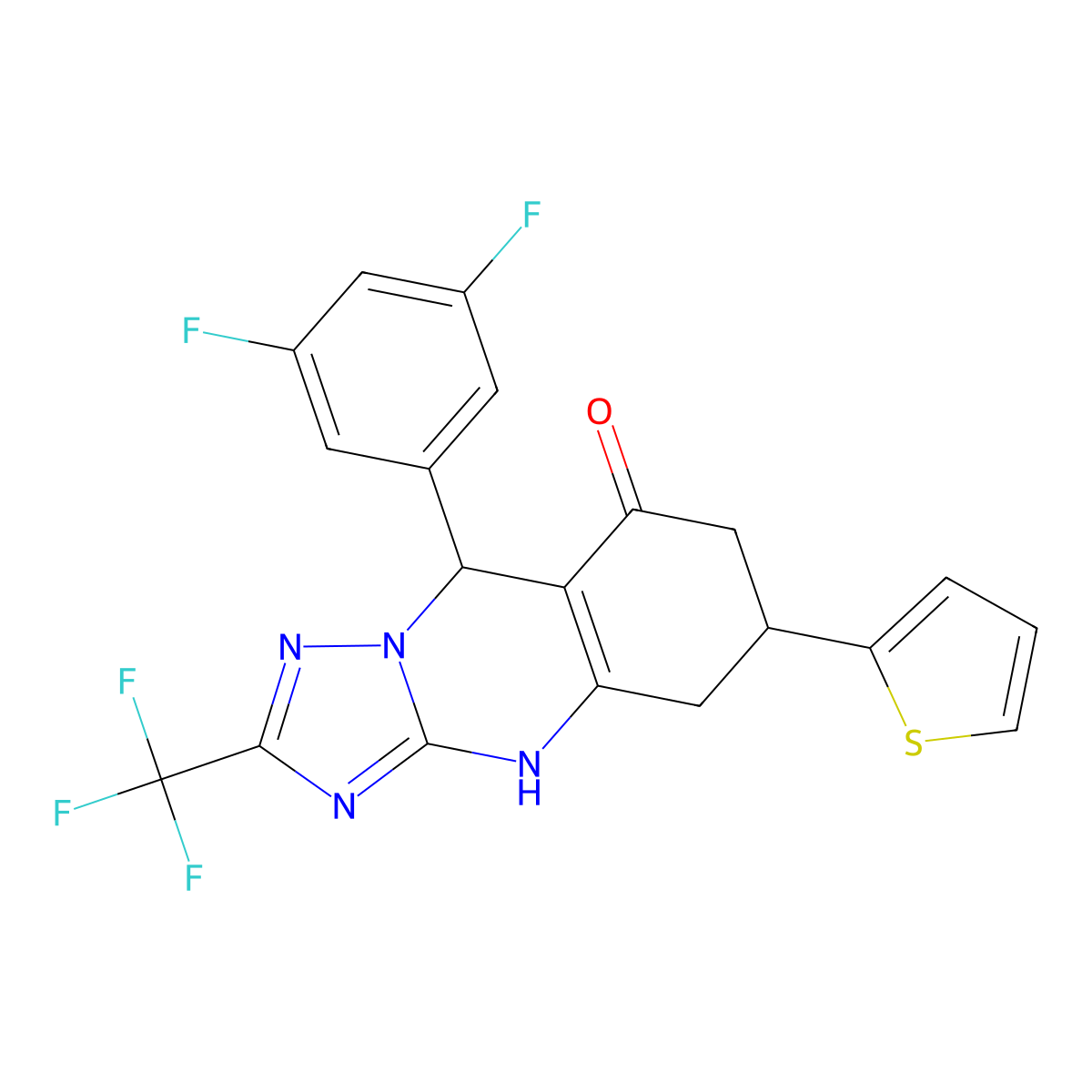 9-(3,5-difluorophenyl)-6-(thiophen-2-yl)-2-(trifluoromethyl)-5,6,7,9-tetrahydro[1,2,4]triazolo[5,1-b]quinazolin-8(4H)-one molecular structure, CAS 777871-02-0
