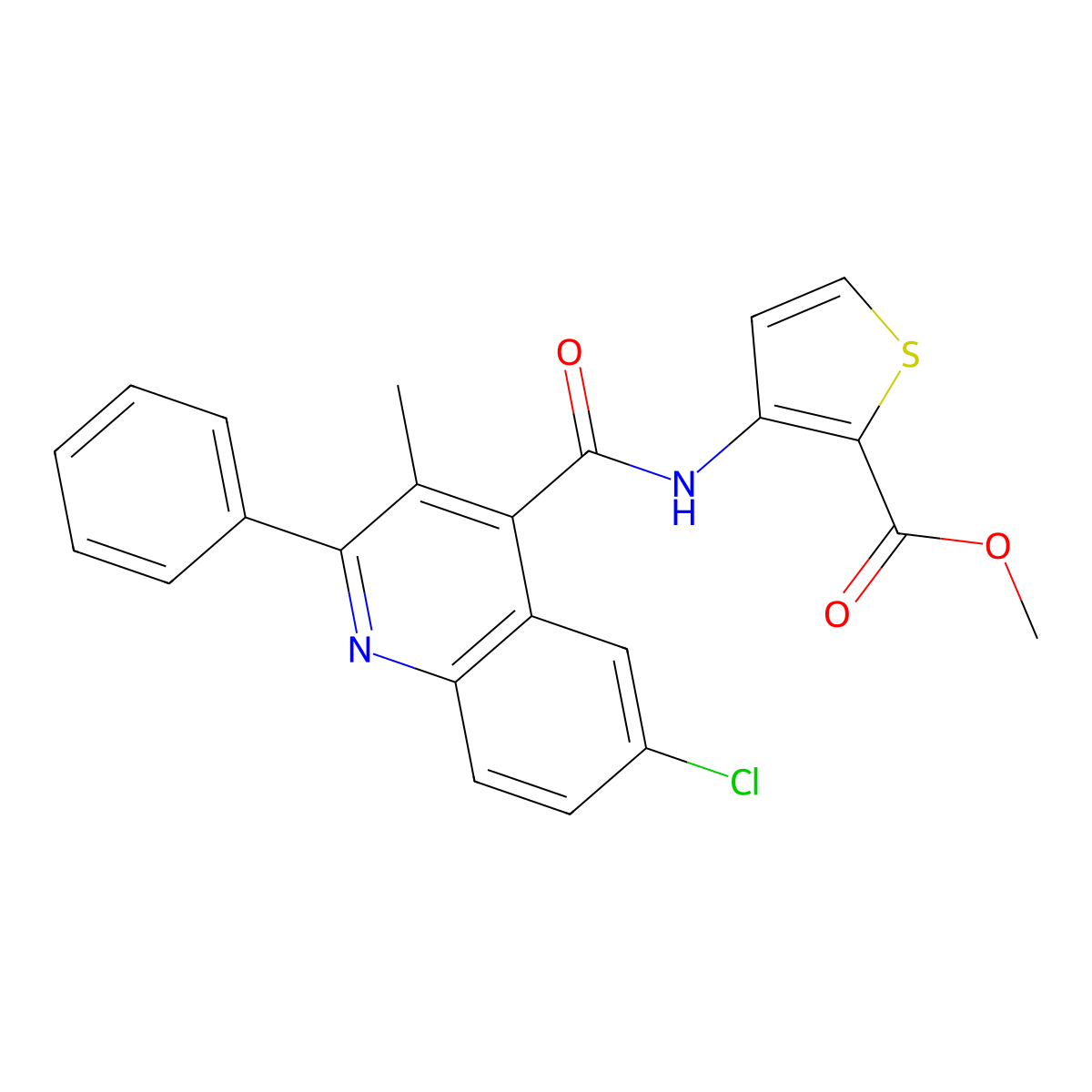 Methyl 3-(6-chloro-3-methyl-2-phenylquinoline-4-carboxamido)thiophene-2-carboxylate molecular structure, CAS 777871-06-4