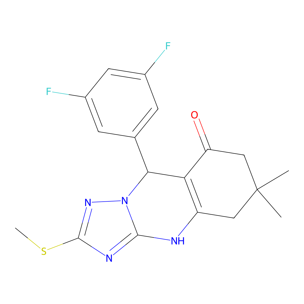 9-(3,5-difluorophenyl)-6,6-dimethyl-2-(methylsulfanyl)-5,6,7,9-tetrahydro[1,2,4]triazolo[5,1-b]quinazolin-8(4H)-one molecular structure, CAS 777871-07-5