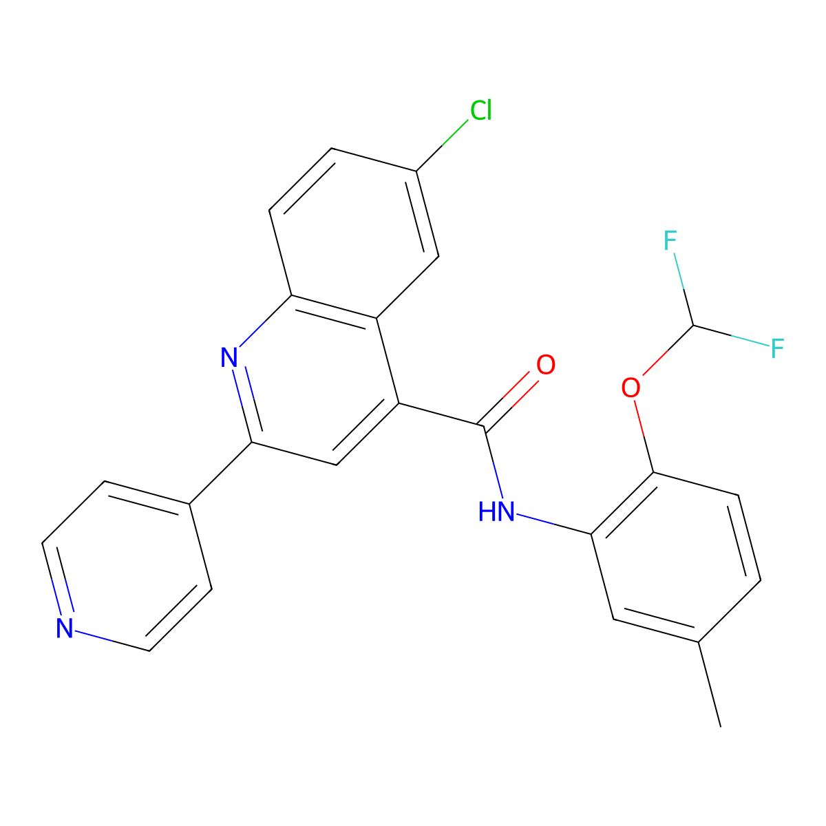 6-chloro-N-[2-(difluoromethoxy)-5-methylphenyl]-2-pyridin-4-ylquinoline-4-carboxamide molecular structure, CAS 777871-38-2