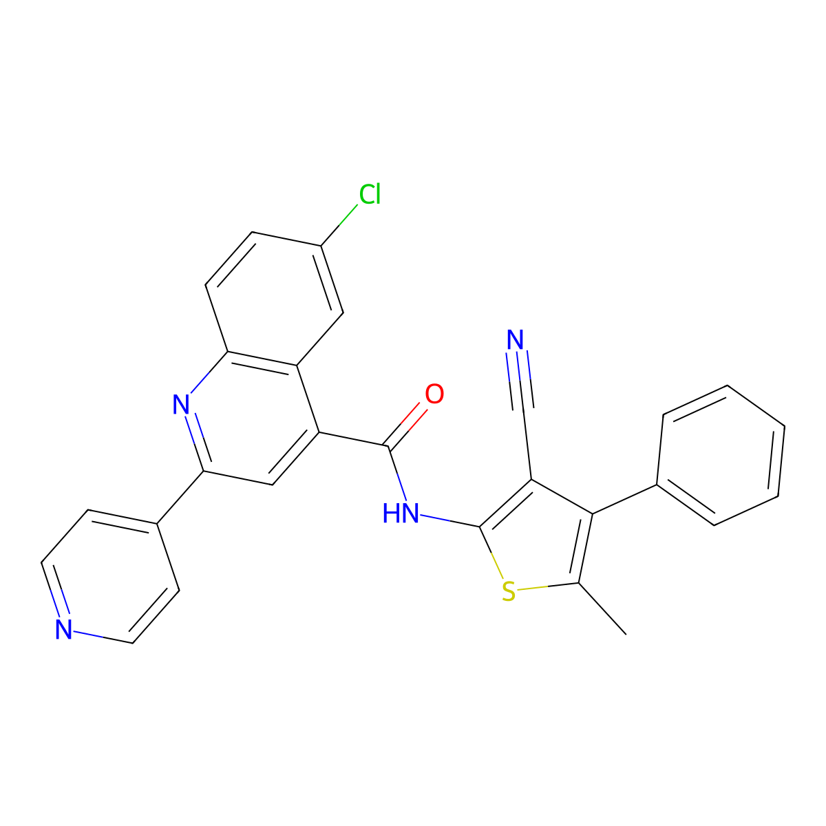 6-chloro-N-(3-cyano-5-methyl-4-phenylthiophen-2-yl)-2-pyridin-4-ylquinoline-4-carboxamide molecular structure, CAS 777871-42-8