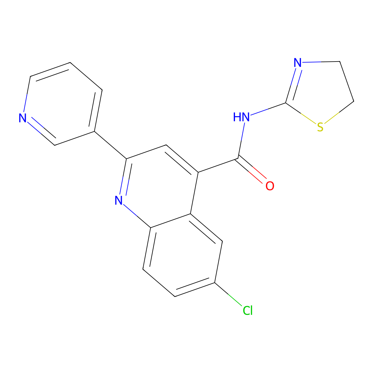 6-chloro-N-(4,5-dihydro-1,3-thiazol-2-yl)-2-pyridin-3-ylquinoline-4-carboxamide molecular structure, CAS 777871-80-4