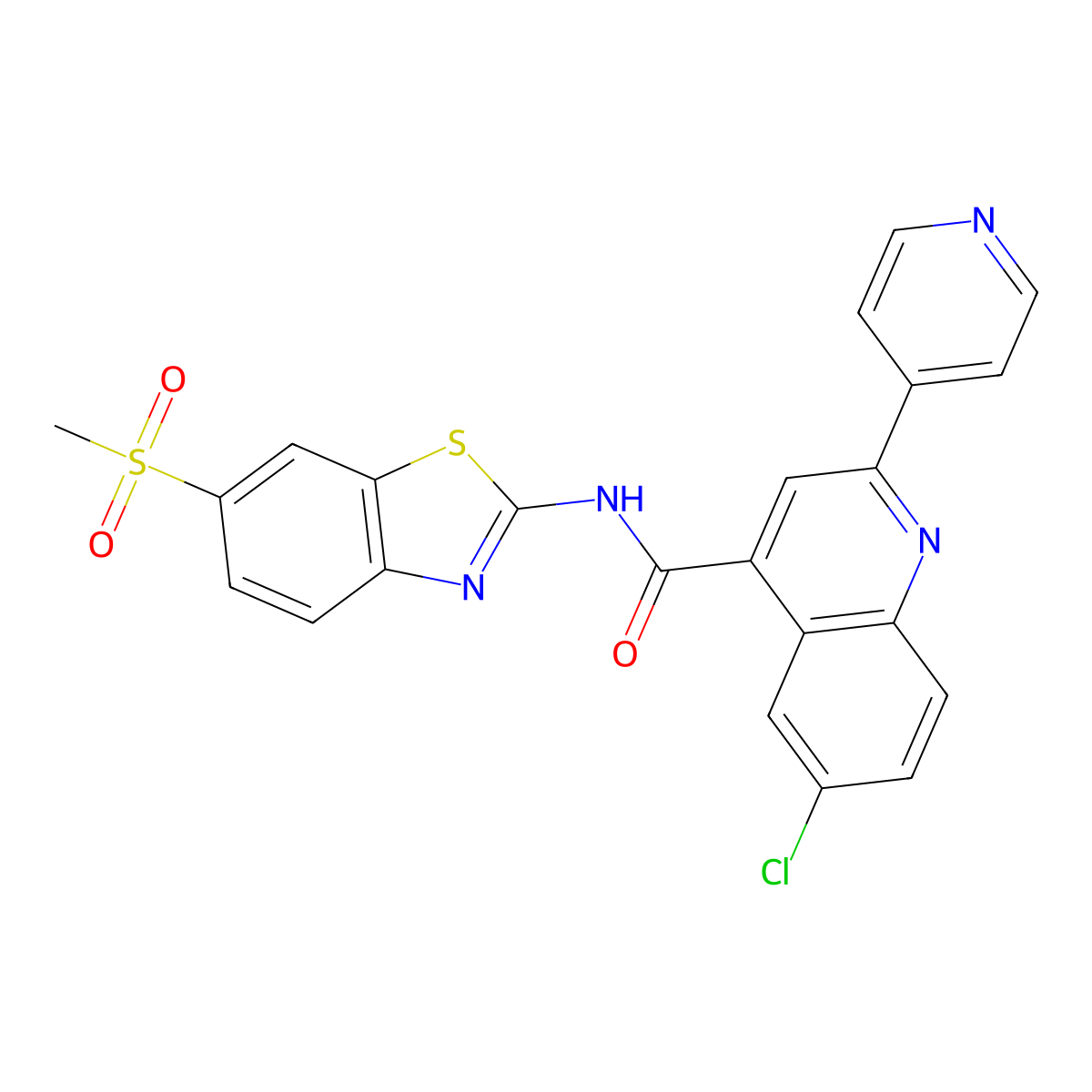 6-chloro-N-(6-methylsulfonyl-1,3-benzothiazol-2-yl)-2-pyridin-4-ylquinoline-4-carboxamide molecular structure, CAS 777871-88-2