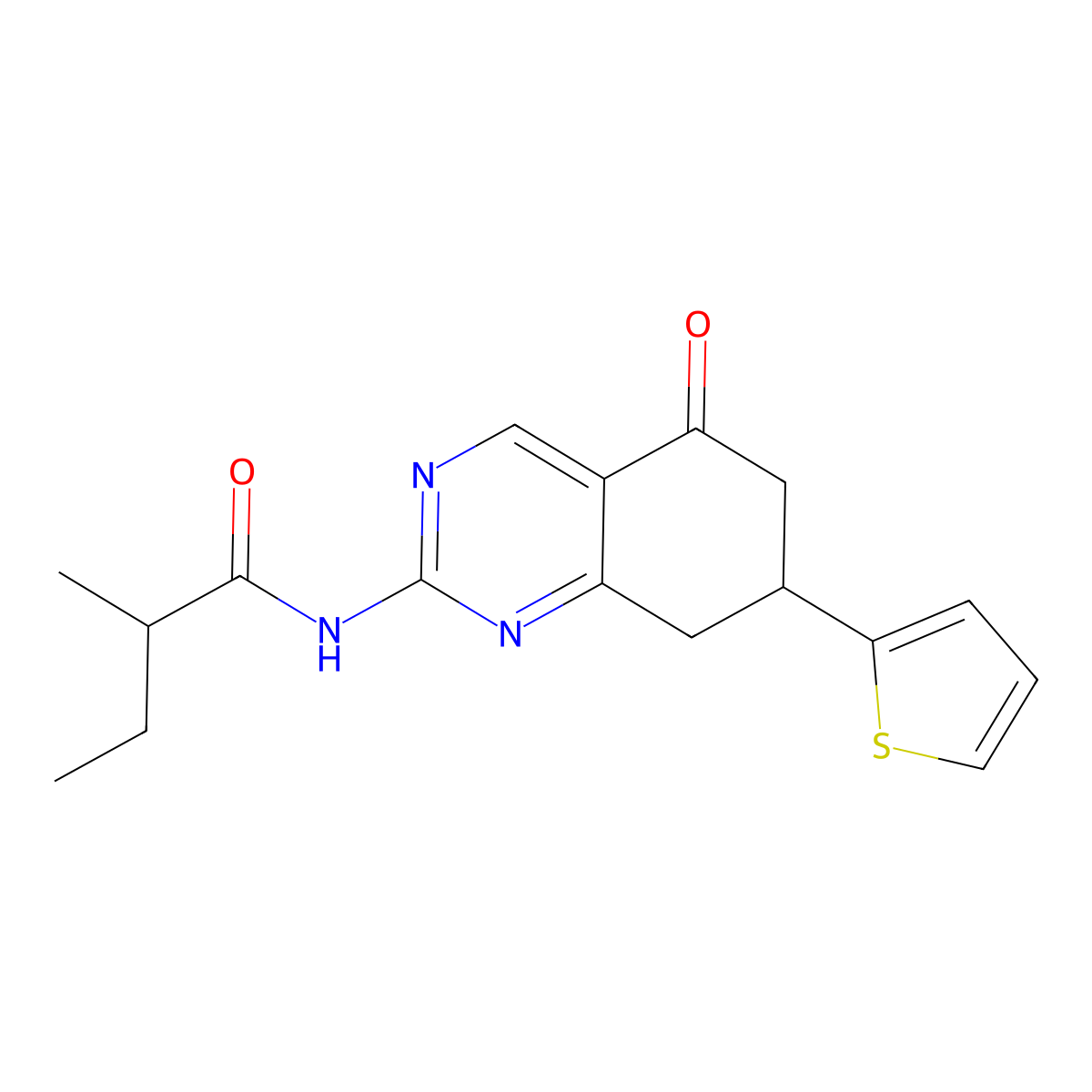 2-methyl-N-(5-oxo-7-thiophen-2-yl-7,8-dihydro-6H-quinazolin-2-yl)butanamide molecular structure, CAS 777872-17-0