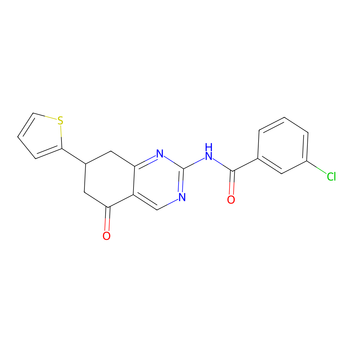 3-chloro-N-(5-oxo-7-(thiophen-2-yl)-5,6,7,8-tetrahydroquinazolin-2-yl)benzamide molecular structure, CAS 777872-19-2