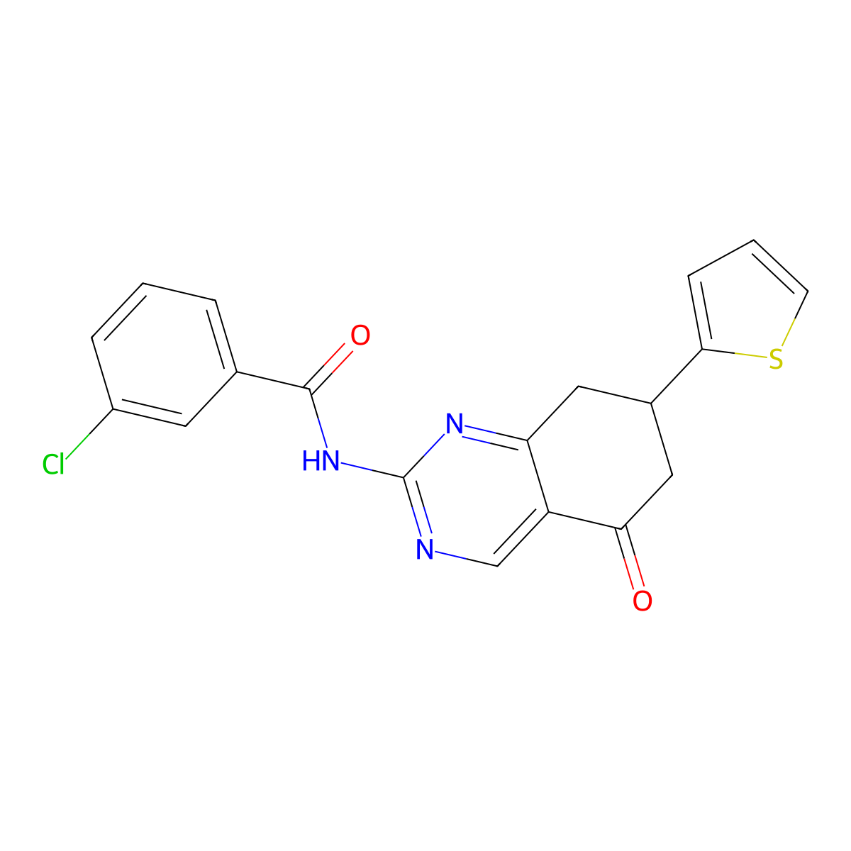 3-chloro-N-(5-oxo-7-(thiophen-2-yl)-5,6,7,8-tetrahydroquinazolin-2-yl)benzamide molecular structure, CAS 777872-19-2