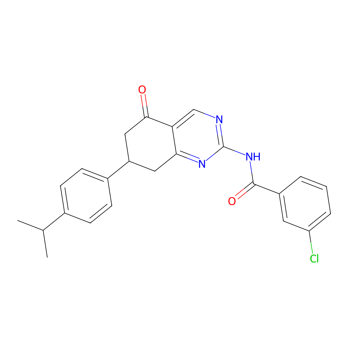 3-chloro-N-{5-oxo-7-[4-(propan-2-yl)phenyl]-5,6,7,8-tetrahydroquinazolin-2-yl}benzamide molecular structure, CAS 777872-30-7