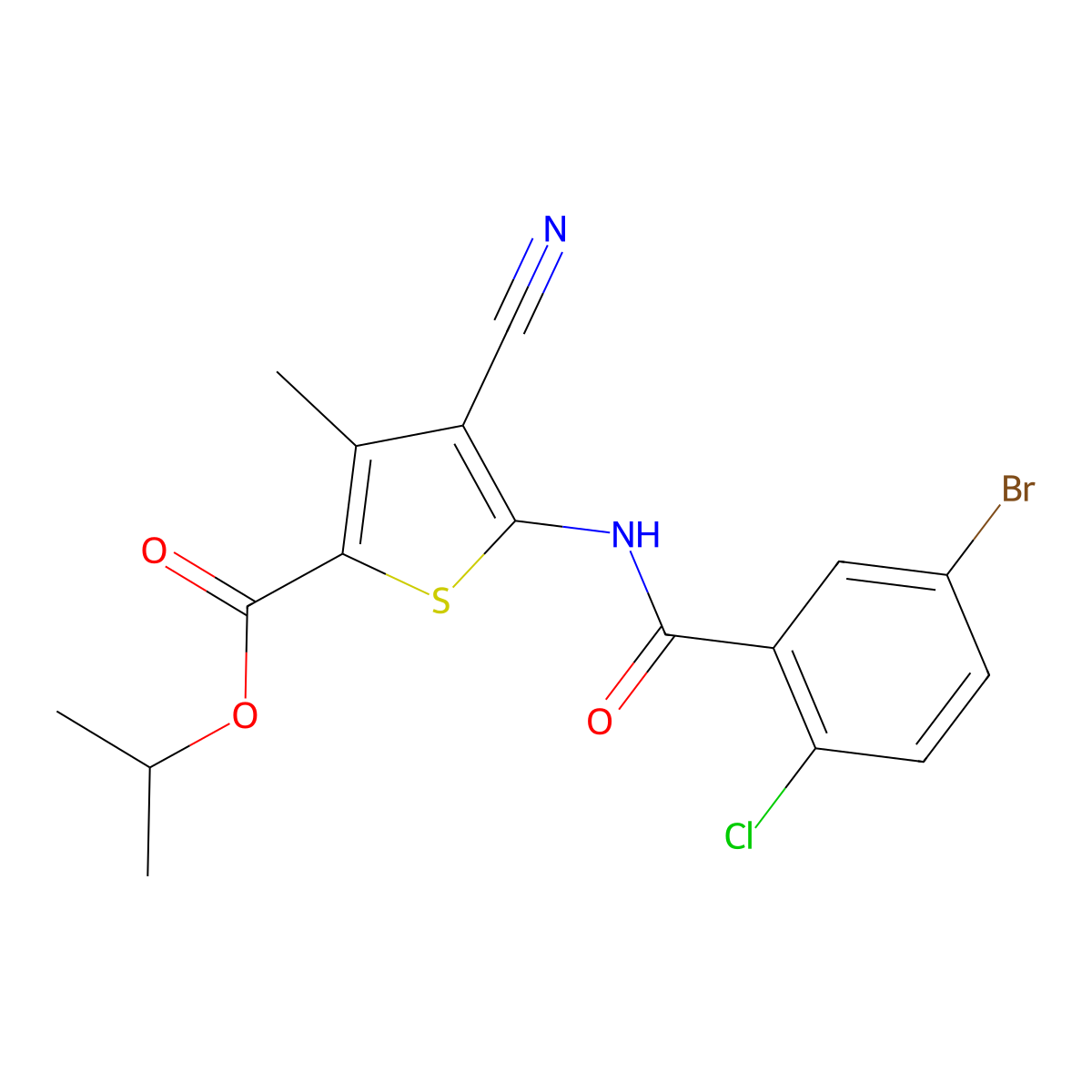 Propan-2-yl 5-{[(5-bromo-2-chlorophenyl)carbonyl]amino}-4-cyano-3-methylthiophene-2-carboxylate molecular structure, CAS 777872-83-0