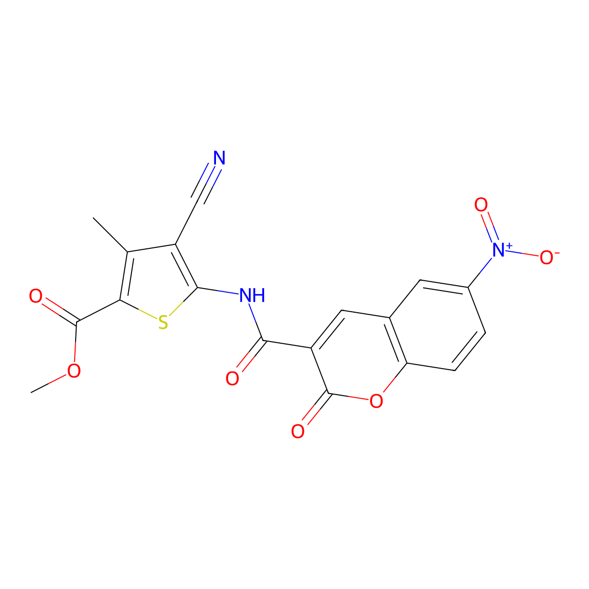methyl 4-cyano-3-methyl-5-{[(6-nitro-2-oxo-2H-chromen-3-yl)carbonyl]amino}thiophene-2-carboxylate molecular structure, CAS 777873-23-1