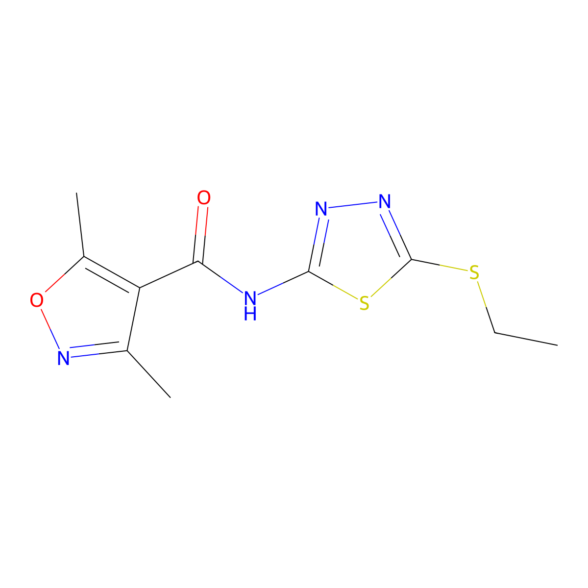N-(5-ethylsulfanyl-1,3,4-thiadiazol-2-yl)-3,5-dimethyl-1,2-oxazole-4-carboxamide molecular structure, CAS 777873-51-5