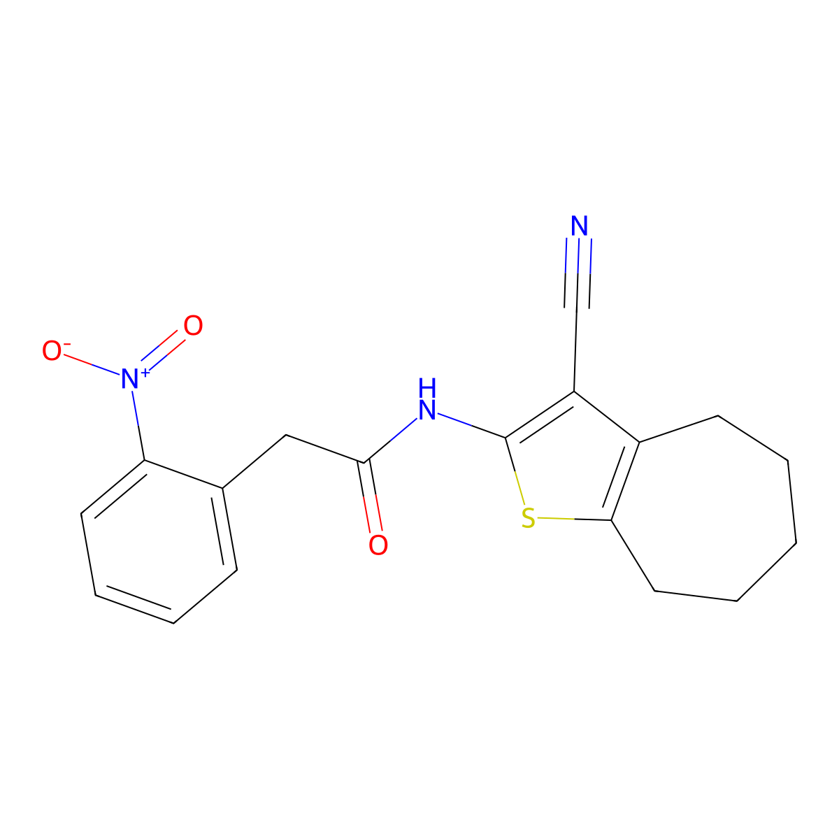 N-(3-cyano-5,6,7,8-tetrahydro-4H-cyclohepta[b]thiophen-2-yl)-2-(2-nitrophenyl)acetamide molecular structure, CAS 777874-39-2