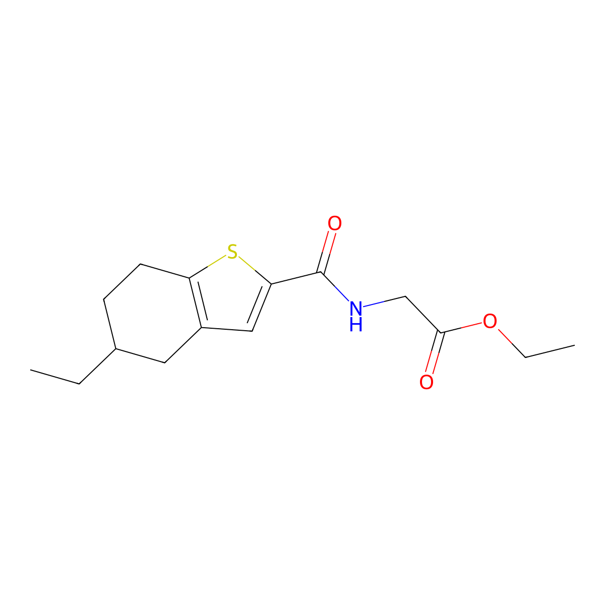 Ethyl 2-[(5-ethyl-4,5,6,7-tetrahydrobenzo[b]thiophen-2-yl)carbonylamino]acetat e molecular structure, CAS 777875-28-2