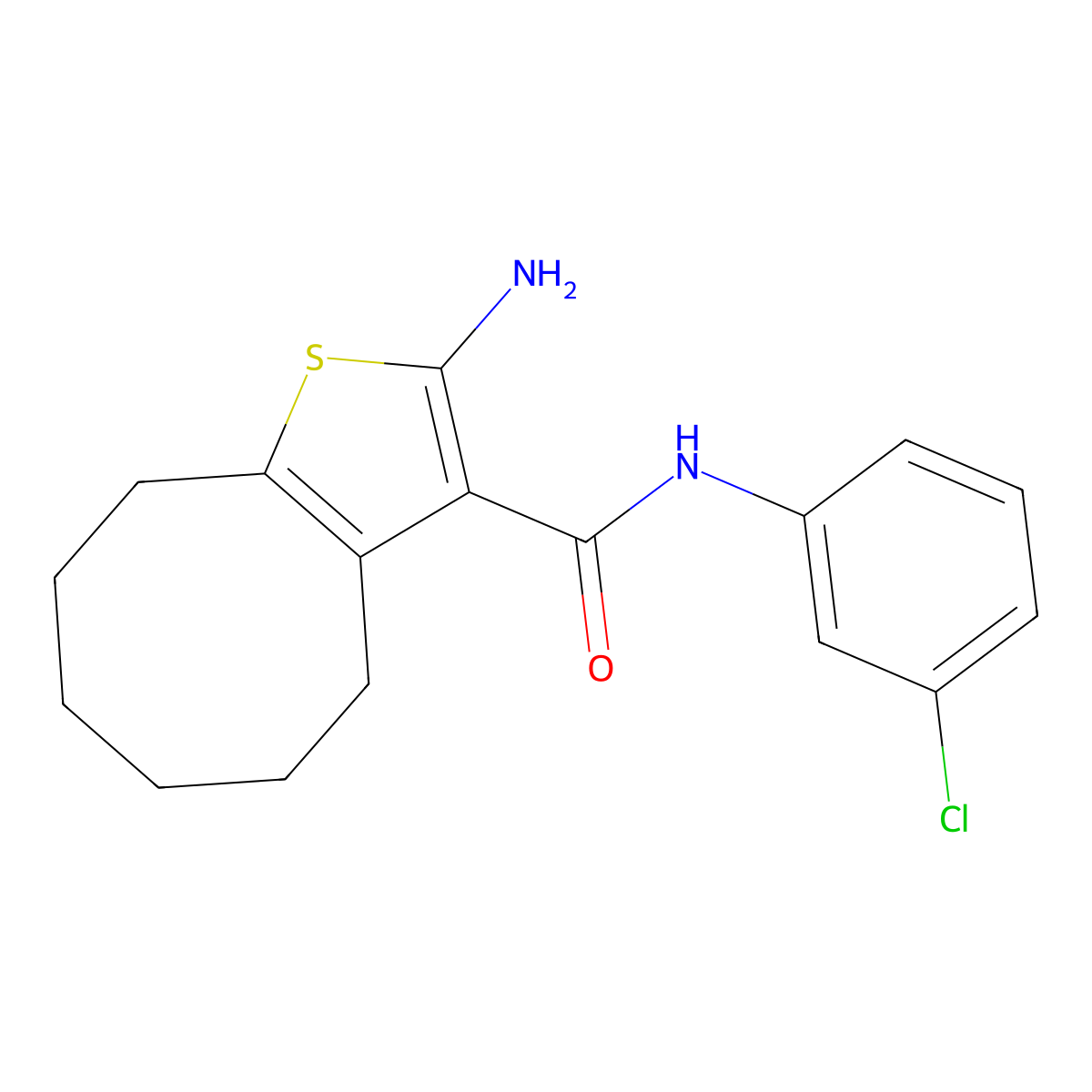 2-amino-N-(3-chlorophenyl)-4,5,6,7,8,9-hexahydrocycloocta[b]thiophene-3-carboxamide molecular structure, CAS 777876-93-4