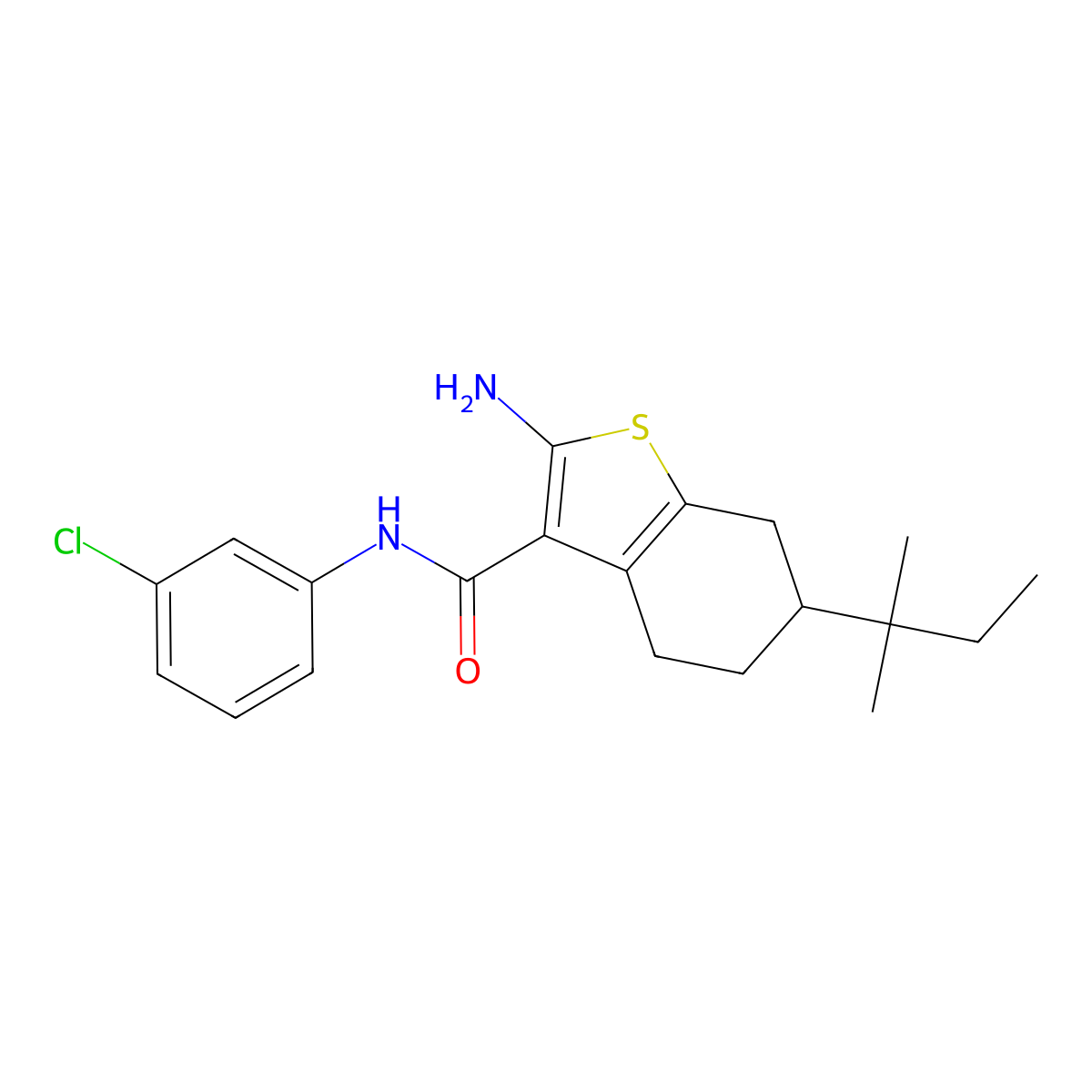2-amino-N-(3-chlorophenyl)-6-(2-methylbutan-2-yl)-4,5,6,7-tetrahydro-1-benzothiophene-3-carboxamide molecular structure, CAS 777876-99-0