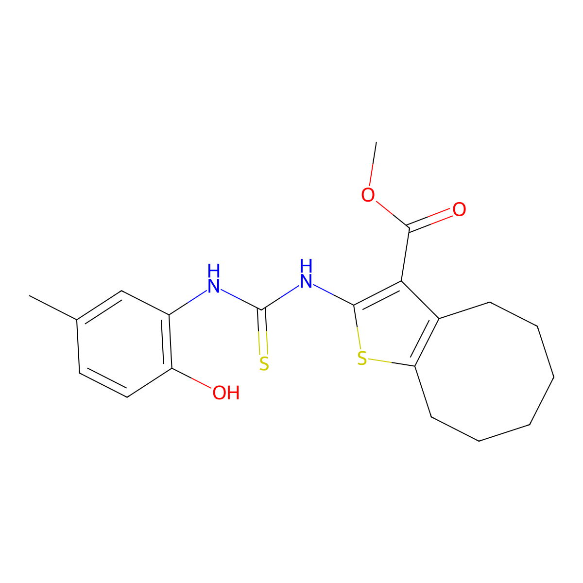 Methyl 2-{[(2-hydroxy-5-methylphenyl)carbamothioyl]amino}-4,5,6,7,8,9-hexahydrocycloocta[b]thiophene-3-carboxylate molecular structure, CAS 777878-13-4
