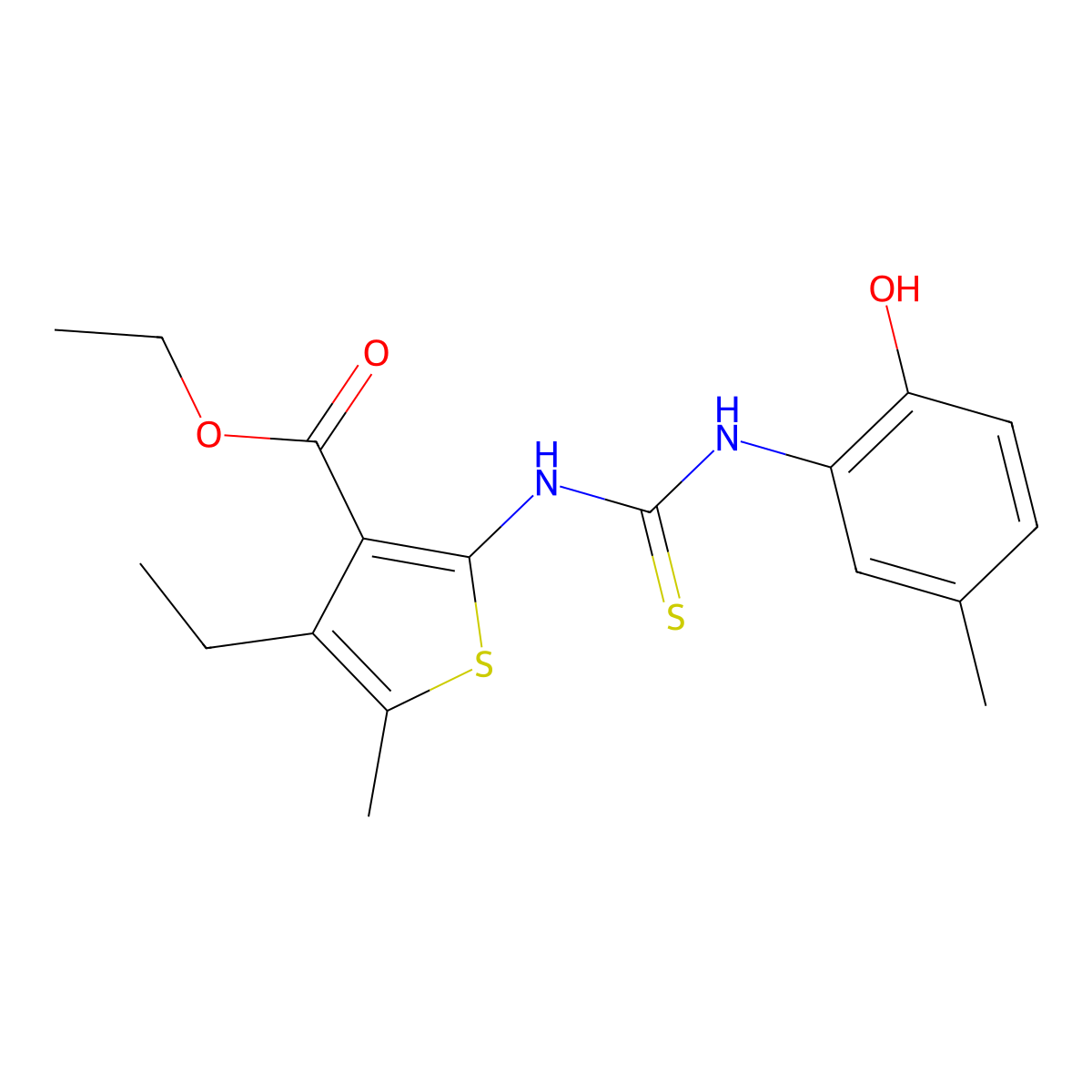 Ethyl 4-ethyl-2-{[(2-hydroxy-5-methylphenyl)carbamothioyl]amino}-5-methylthiophene-3-carboxylate molecular structure, CAS 777878-38-3