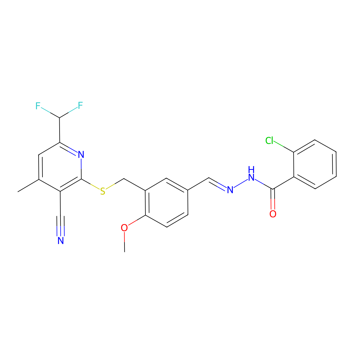 2-Chlorobenzoic acid 2-[[3-[[[3-cyano-6-(difluoromethyl)-4-methyl-2-pyridinyl]thio]methyl]-4-methoxyphenyl]methylene]hydrazide molecular structure, CAS 777879-13-7