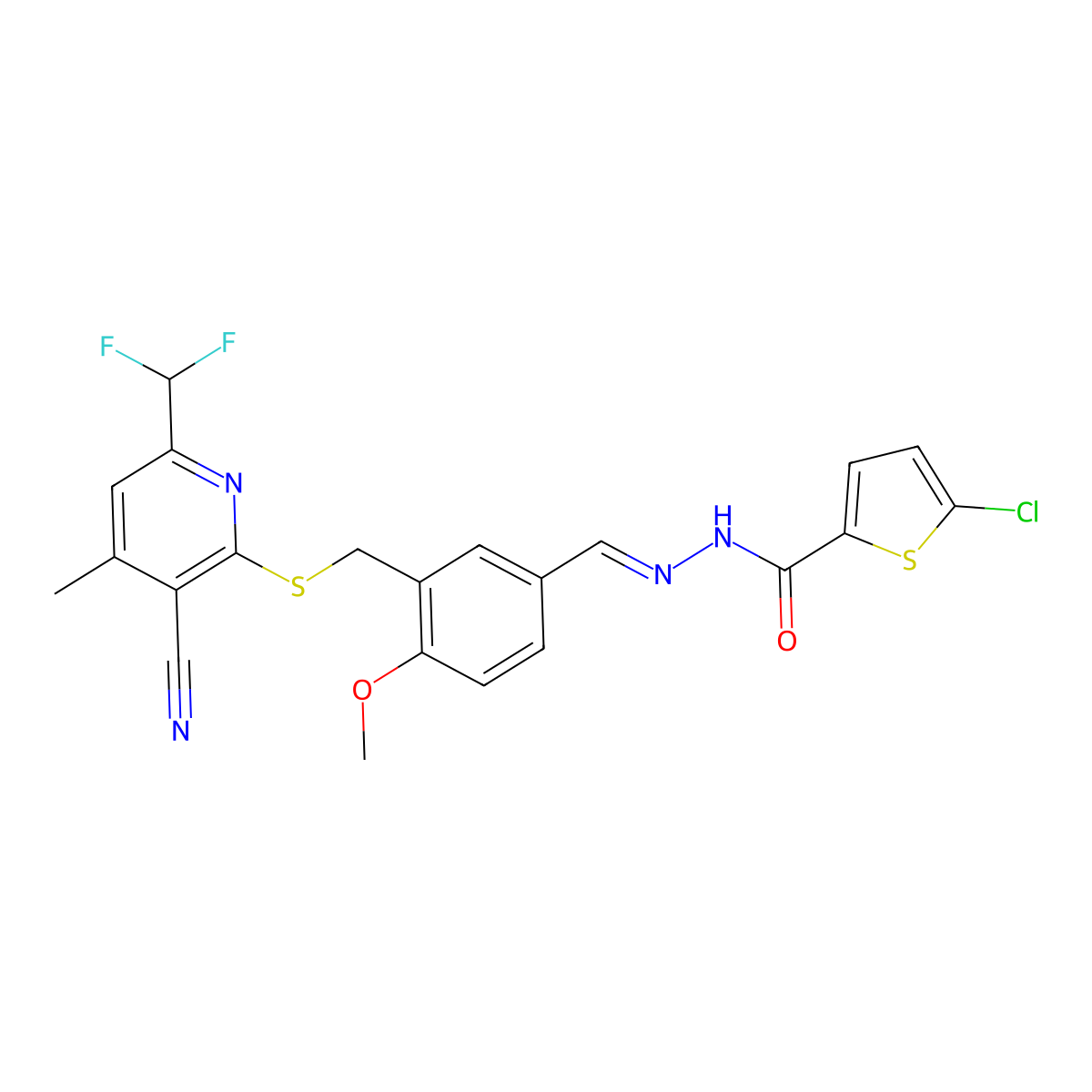5-chloro-N-[[3-[[3-cyano-6-(difluoromethyl)-4-methyl-2-pyridinyl]sulfanylmethyl]-4-methoxyphenyl]methylideneamino]thiophene-2-carboxamide molecular structure, CAS 777879-28-4