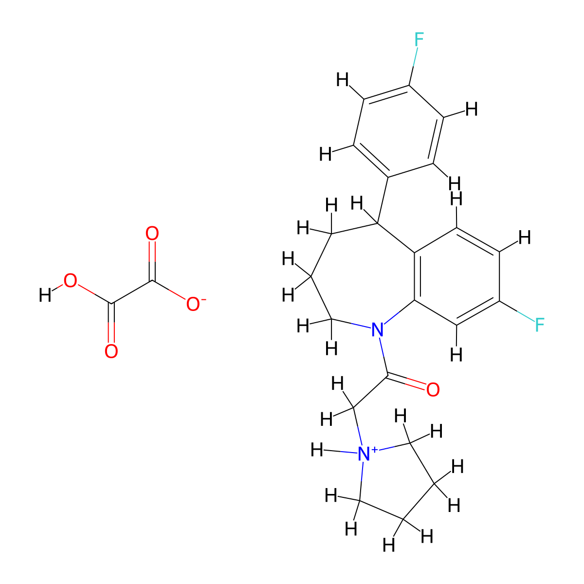 1H-1-Benzazepine, 2,3,4,5-tetrahydro-8-fluoro-5-(4-fluorophenyl)-1-(1-pyrrolidinylacetyl)-, ethanedioate (1:1) molecular structure, CAS 77795-96-1