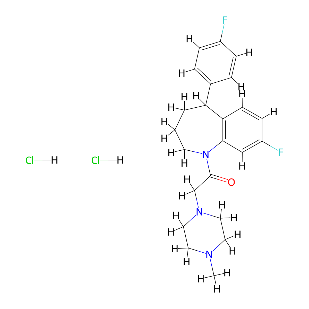 1H-1-Benzazepine, 2,3,4,5-tetrahydro-8-fluoro-5-(4-fluorophenyl)-1-((4-methyl-1-piperazinyl)acetyl)-, dihydrochloride molecular structure, CAS 77796-02-2