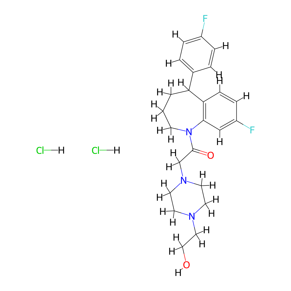 1H-1-Benzazepine, 2,3,4,5-tetrahydro-8-fluoro-5-(4-fluorophenyl)-1-((4-(2-hydroxyethyl)-1-piperazinyl)acetyl)-, hydrochloride, hydrate (2:4:1) molecular structure, CAS 77796-04-4