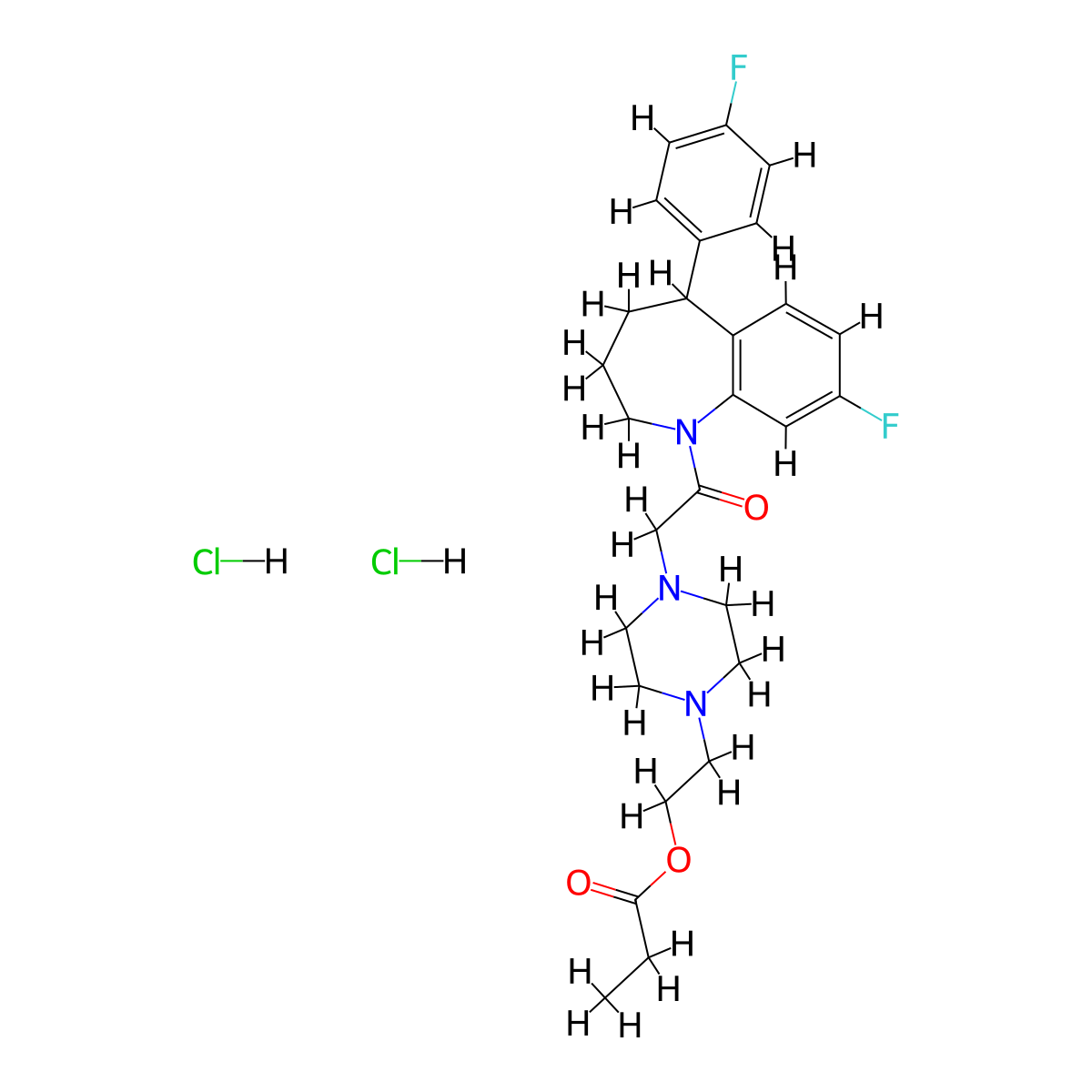 1H-1-Benzazepine, 2,3,4,5-tetrahydro-8-fluoro-5-(4-fluorophenyl)-1-((4-(2-(1-oxopropoxy)ethyl)-1-piperazinyl)acetyl)-, dihydrochloride molecular structure, CAS 77796-05-5